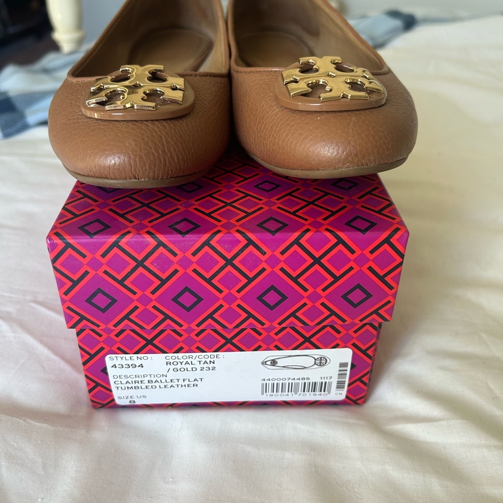 Tory Burch Royal Tan Leather Ballet Flats with Gold Logo